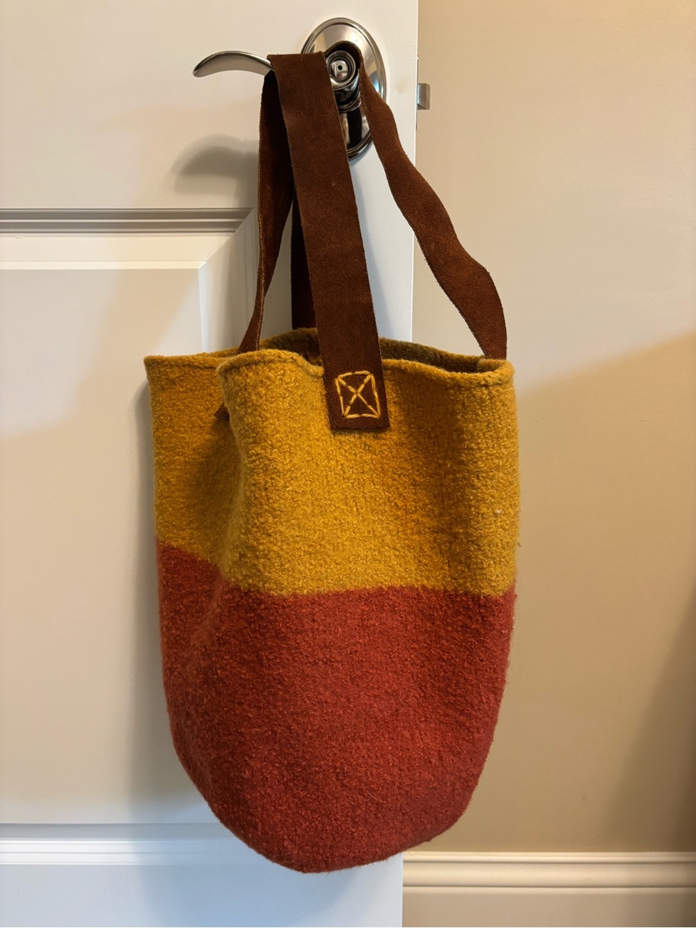 Wool Colorblock Tote Bag in Mustard and Rust